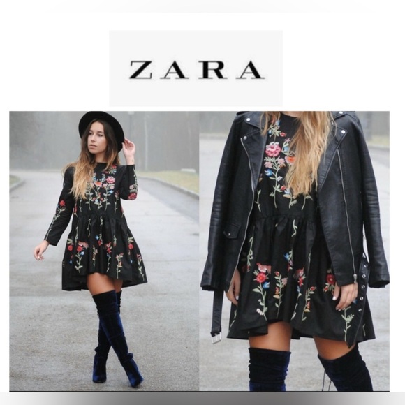Zara Black Mini Ruffle Tunic Dress With Colorful Floral Embroidery Design XS - Picture 1 of 12